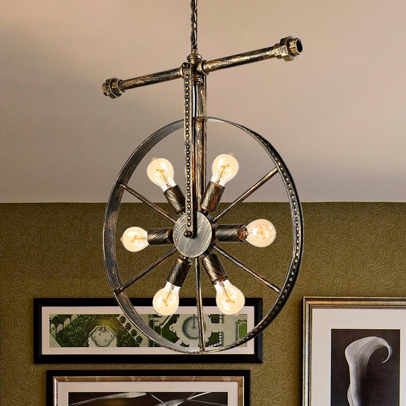 6 Lights Round Pendant Light Fixture with Wheel Design Farmhouse Style Bronze Wrought Iron Ceiling Light Clearhalo 'Cast Iron' 'Ceiling Lights' 'Chandeliers' 'Industrial Chandeliers' 'Industrial' 'Metal' 'Middle Century Chandeliers' 'Rustic Chandeliers' 'Tiffany' Lighting' 730501