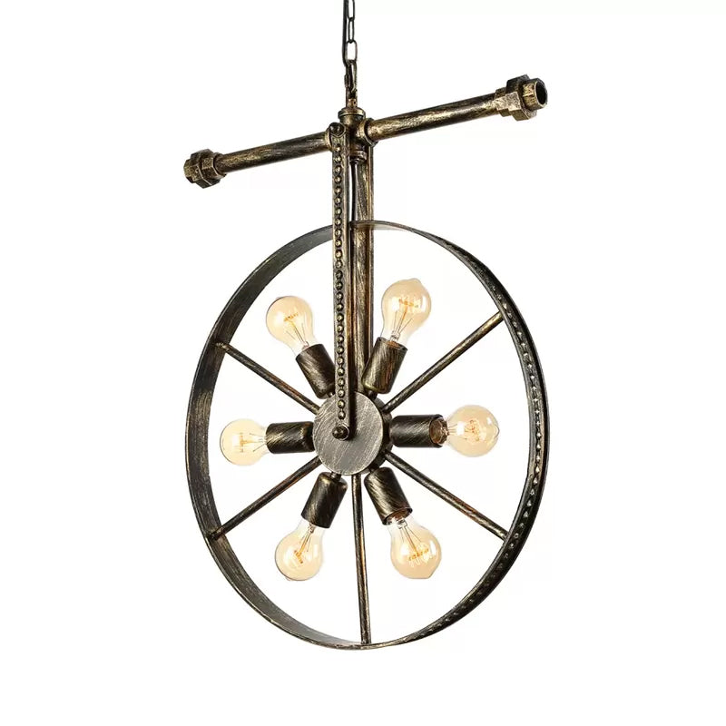 6 Lights Round Pendant Light Fixture with Wheel Design Farmhouse Style Bronze Wrought Iron Ceiling Light Clearhalo 'Cast Iron' 'Ceiling Lights' 'Chandeliers' 'Industrial Chandeliers' 'Industrial' 'Metal' 'Middle Century Chandeliers' 'Rustic Chandeliers' 'Tiffany' Lighting' 730502