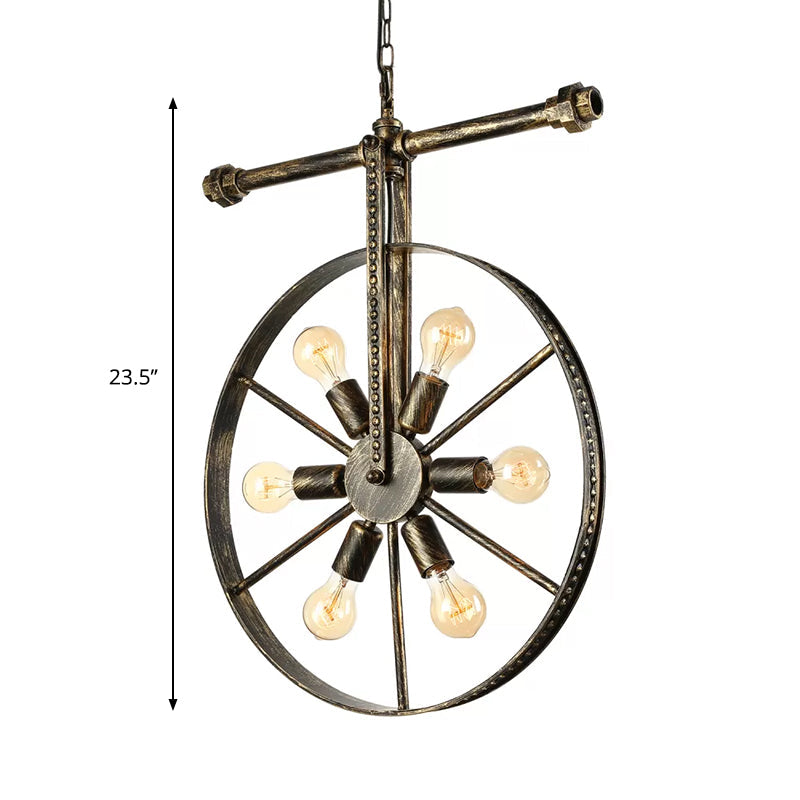 6 Lights Round Pendant Light Fixture with Wheel Design Farmhouse Style Bronze Wrought Iron Ceiling Light Clearhalo 'Cast Iron' 'Ceiling Lights' 'Chandeliers' 'Industrial Chandeliers' 'Industrial' 'Metal' 'Middle Century Chandeliers' 'Rustic Chandeliers' 'Tiffany' Lighting' 730503