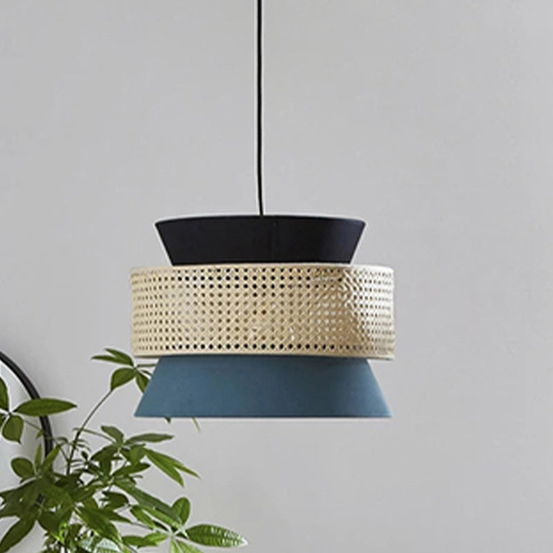 Hourglass Restaurant Ceiling Hang Fixture Fabric 1 Light Modern Pendant Light in Black and Blue with Rattan Decor Clearhalo 'Ceiling Lights' 'Modern Pendants' 'Modern' 'Pendant Lights' 'Pendants' Lighting' 730571