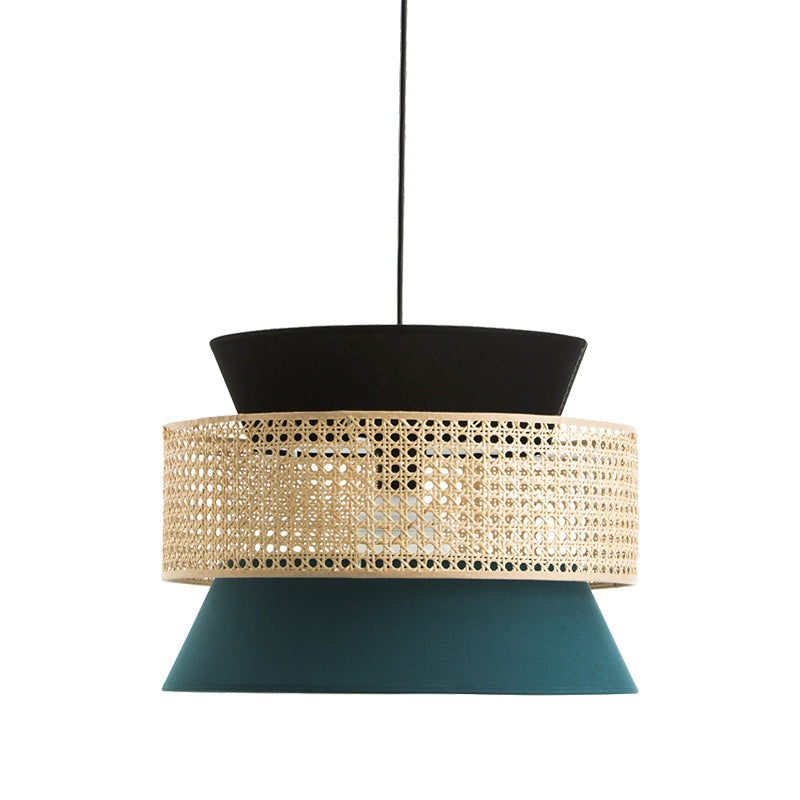 Hourglass Restaurant Ceiling Hang Fixture Fabric 1 Light Modern Pendant Light in Black and Blue with Rattan Decor Clearhalo 'Ceiling Lights' 'Modern Pendants' 'Modern' 'Pendant Lights' 'Pendants' Lighting' 730572