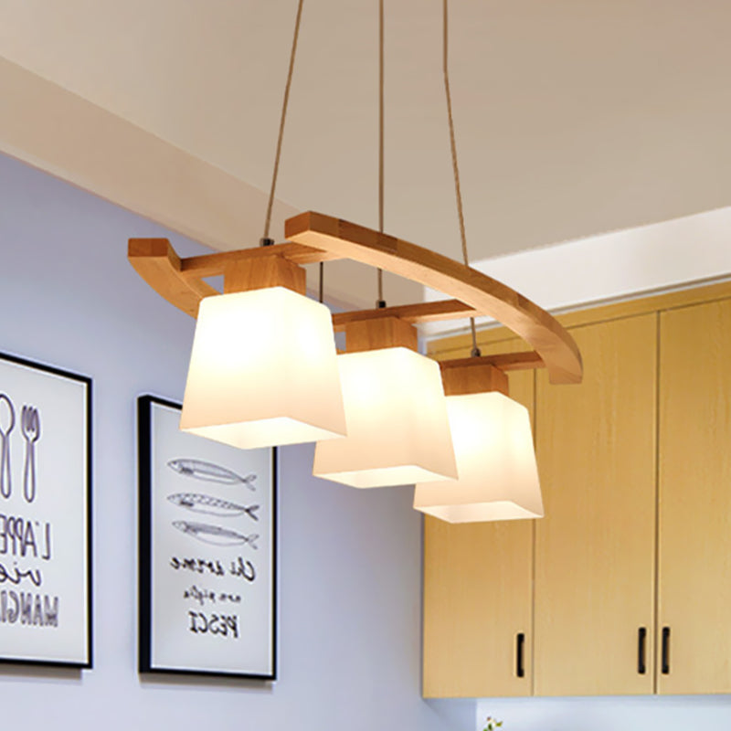 White Glass Trapezoid Cluster Pendant Minimalism 3 Bulbs Wood Suspension Lighting for Kitchen Clearhalo 'Ceiling Lights' 'Close To Ceiling Lights' 'Glass shade' 'Glass' 'Modern Pendants' 'Modern' 'Pendant Lights' 'Pendants' Lighting' 730624