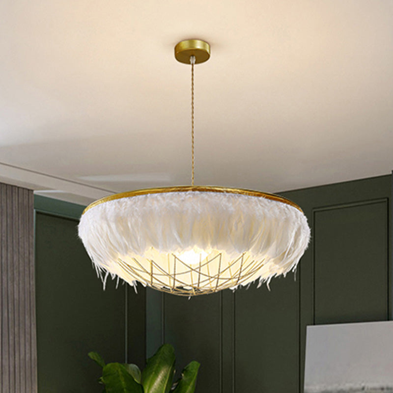 White Feather Chandelier Light Modernist 2 Heads Copper Down Lighting with Bowl Wire Cage, 16