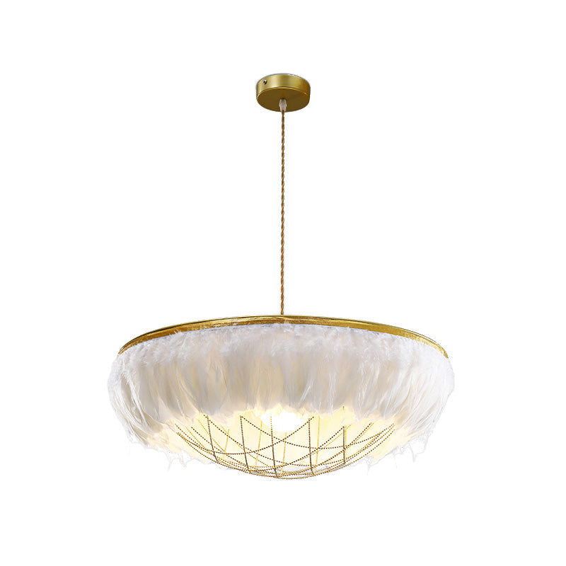 White Feather Chandelier Light Modernist 2 Heads Copper Down Lighting with Bowl Wire Cage, 16