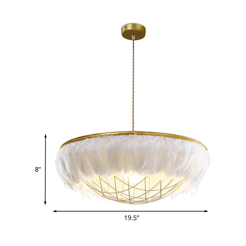 White Feather Chandelier Light Modernist 2 Heads Copper Down Lighting with Bowl Wire Cage, 16