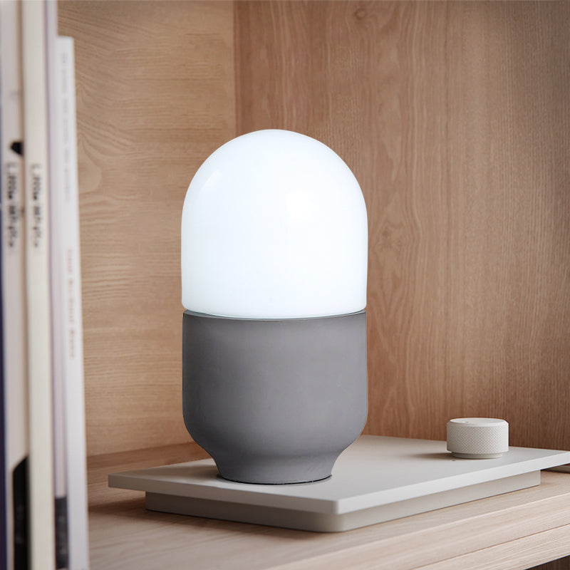 Cement Capsule Shape Small Desk Light Minimalist LED Night Table Lamp in Grey with White Glass Shade Clearhalo 'Lamps' 'Table Lamps' Lighting' 730743