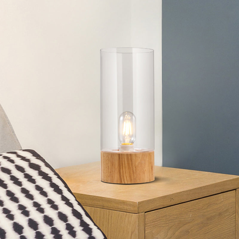 Cylinder Bedroom Small Desk Light Clear Glass 1 Bulb LED Simple Reading Book Lamp with Wood Base Clearhalo 'Lamps' 'Table Lamps' Lighting' 730772