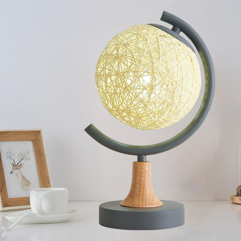 Metallic Globe Nightstand Light Asia Style 1 Light Table Lamp in White/Grey/Green with Rattan Shade Grey Clearhalo 'Lamps' 'Table Lamps' Lighting' 730962