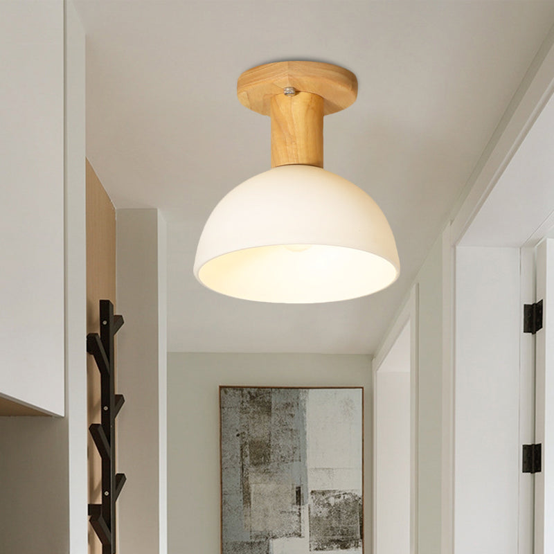 Wood Dome Semi Flush Mounted Light Simple 1 Bulb White Glass Ceiling Lamp Fixture for Corridor White Clearhalo 'Ceiling Lights' 'Close To Ceiling Lights' 'Close to ceiling' 'Glass shade' 'Glass' 'Semi-flushmount' Lighting' 731049