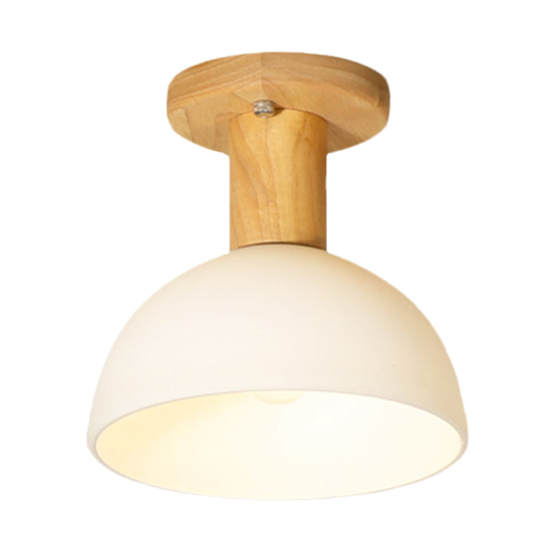 Wood Dome Semi Flush Mounted Light Simple 1 Bulb White Glass Ceiling Lamp Fixture for Corridor Clearhalo 'Ceiling Lights' 'Close To Ceiling Lights' 'Close to ceiling' 'Glass shade' 'Glass' 'Semi-flushmount' Lighting' 731051