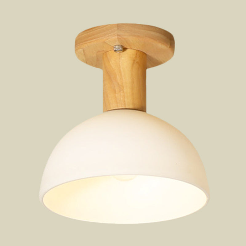 Wood Dome Semi Flush Mounted Light Simple 1 Bulb White Glass Ceiling Lamp Fixture for Corridor Clearhalo 'Ceiling Lights' 'Close To Ceiling Lights' 'Close to ceiling' 'Glass shade' 'Glass' 'Semi-flushmount' Lighting' 731052