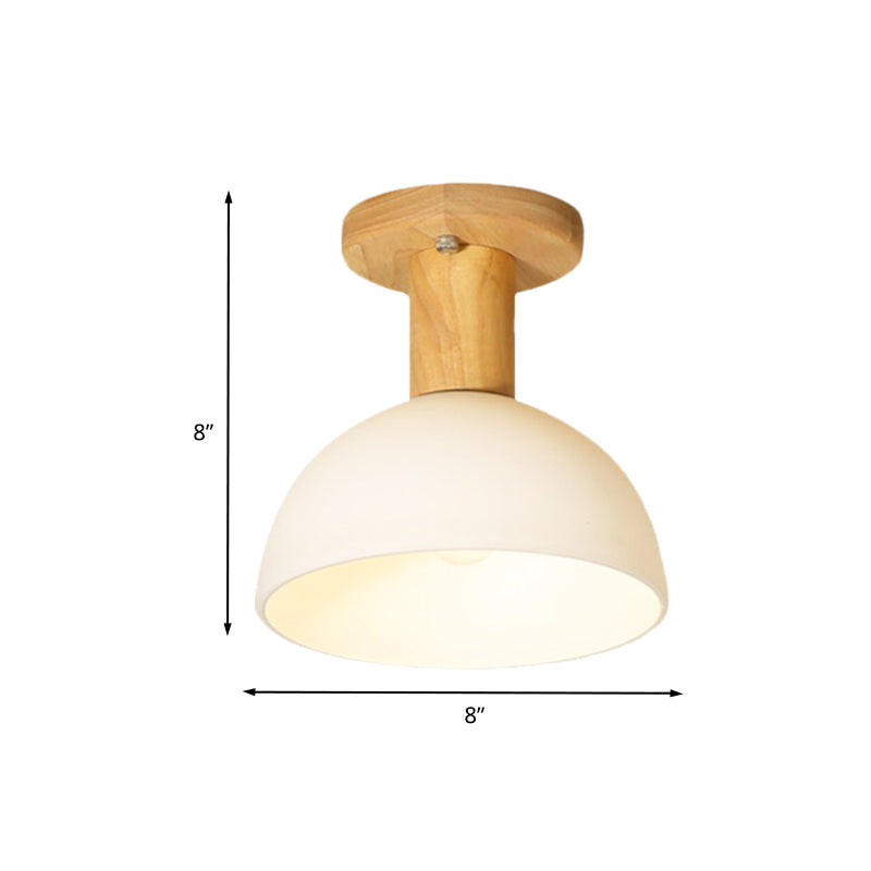 Wood Dome Semi Flush Mounted Light Simple 1 Bulb White Glass Ceiling Lamp Fixture for Corridor Clearhalo 'Ceiling Lights' 'Close To Ceiling Lights' 'Close to ceiling' 'Glass shade' 'Glass' 'Semi-flushmount' Lighting' 731053