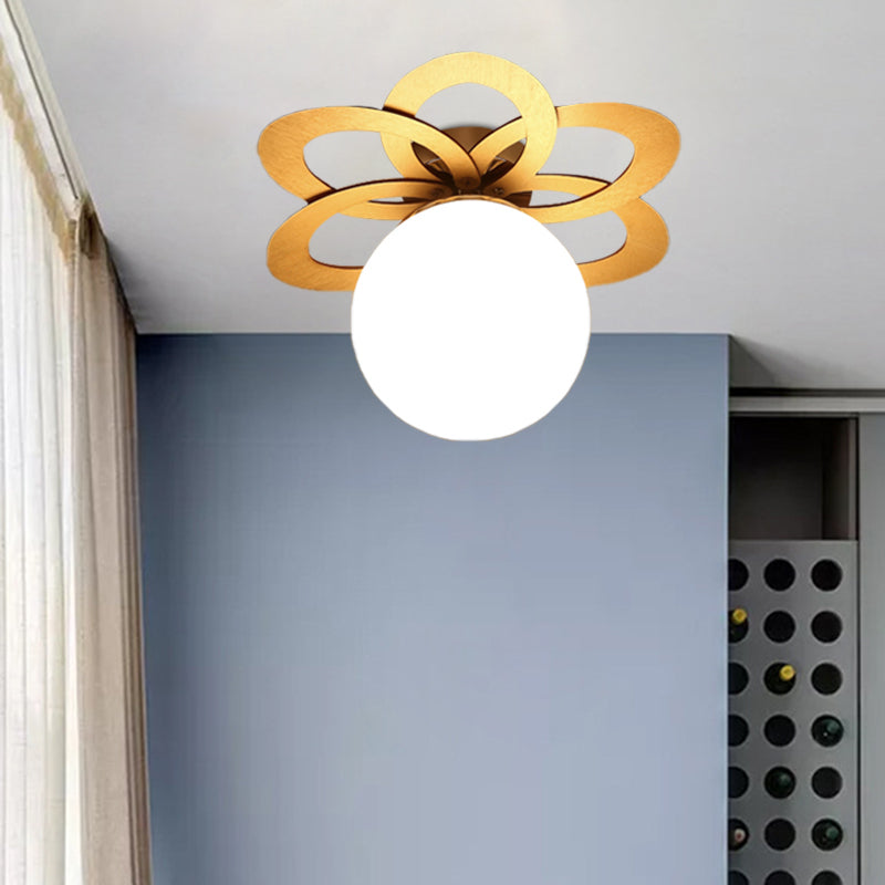 White Frosted Glass Orb Flush Light Modern 1 Light Flush Ceiling Lamp with Gold Flower Canopy White Clearhalo 'Ceiling Lights' 'Close To Ceiling Lights' 'Close to ceiling' 'Flush mount' Lighting' 731069