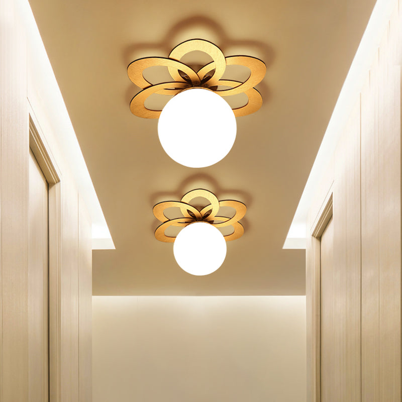 White Frosted Glass Orb Flush Light Modern 1 Light Flush Ceiling Lamp with Gold Flower Canopy Clearhalo 'Ceiling Lights' 'Close To Ceiling Lights' 'Close to ceiling' 'Flush mount' Lighting' 731070