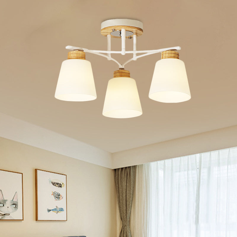 White-Wood Barrel Semi Flush Mounted Light Modernism 3/5 Heads Cream Glass Close to Ceiling Lamp Clearhalo 'Ceiling Lights' 'Close To Ceiling Lights' 'Close to ceiling' 'Glass shade' 'Glass' 'Semi-flushmount' Lighting' 731149