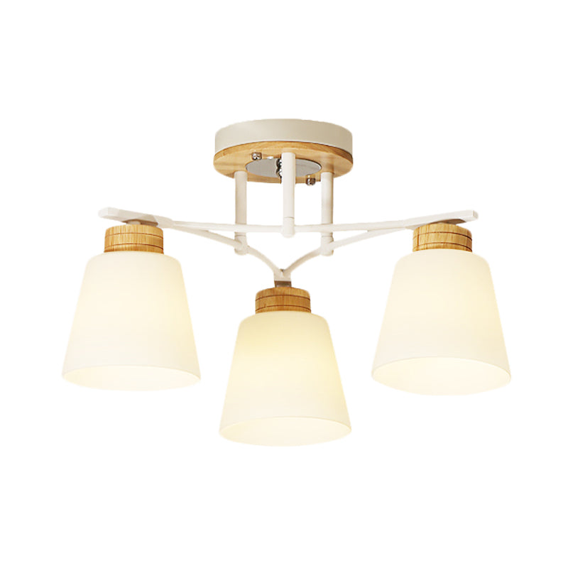 White-Wood Barrel Semi Flush Mounted Light Modernism 3/5 Heads Cream Glass Close to Ceiling Lamp Clearhalo 'Ceiling Lights' 'Close To Ceiling Lights' 'Close to ceiling' 'Glass shade' 'Glass' 'Semi-flushmount' Lighting' 731150