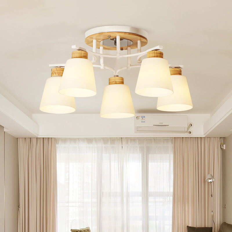 White-Wood Barrel Semi Flush Mounted Light Modernism 3/5 Heads Cream Glass Close to Ceiling Lamp 5 White Clearhalo 'Ceiling Lights' 'Close To Ceiling Lights' 'Close to ceiling' 'Glass shade' 'Glass' 'Semi-flushmount' Lighting' 731153