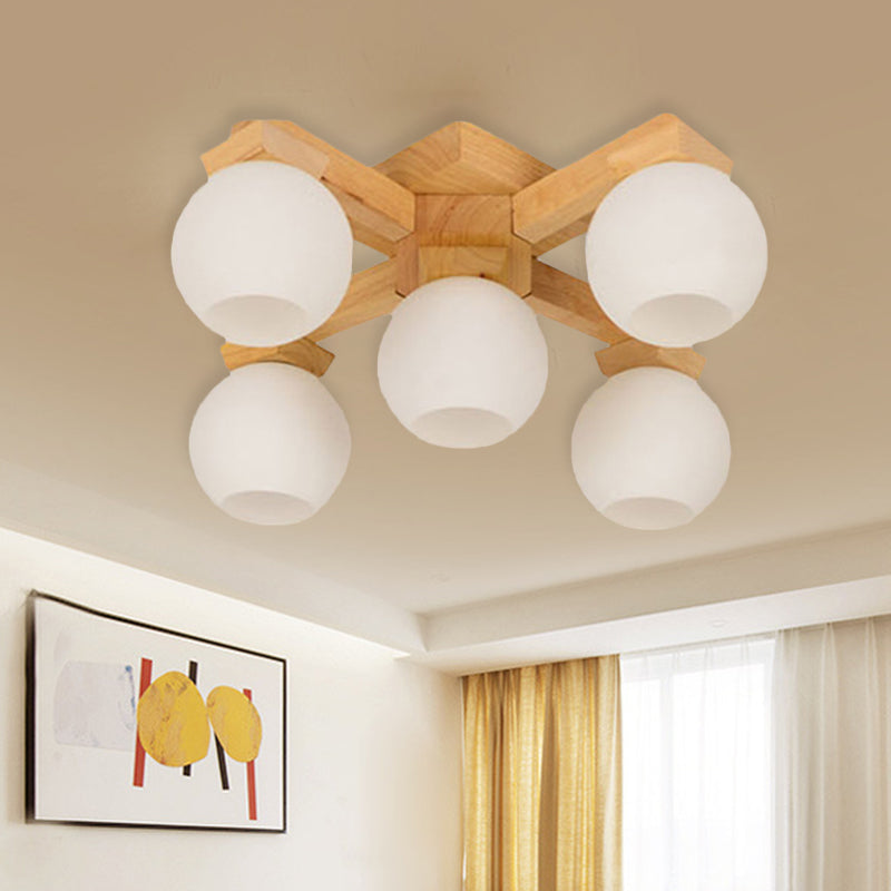 Wood Global Semi Flush Mount Asian 5 Bulbs White Frosted Glass Flush Ceiling Light Fixture White Clearhalo 'Ceiling Lights' 'Close To Ceiling Lights' 'Close to ceiling' 'Semi-flushmount' Lighting' 731157