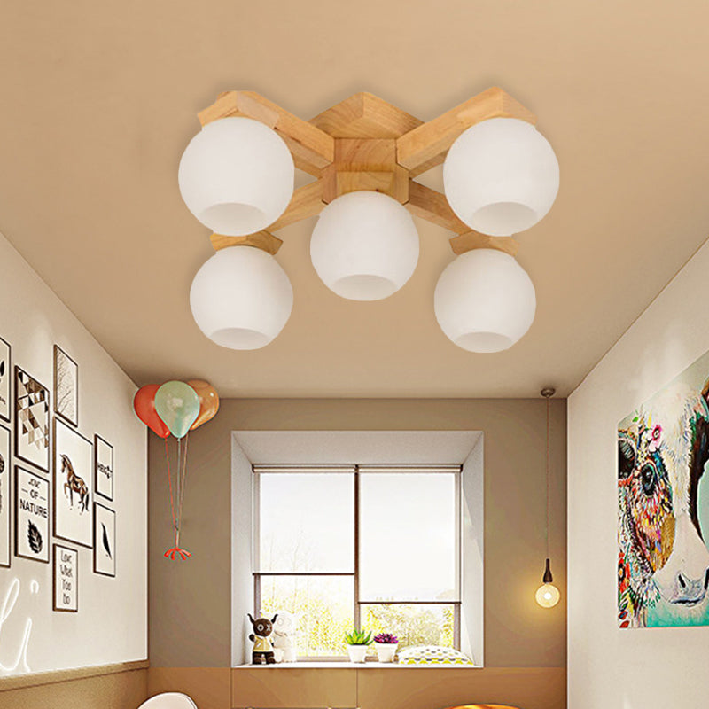 Wood Global Semi Flush Mount Asian 5 Bulbs White Frosted Glass Flush Ceiling Light Fixture Clearhalo 'Ceiling Lights' 'Close To Ceiling Lights' 'Close to ceiling' 'Semi-flushmount' Lighting' 731158