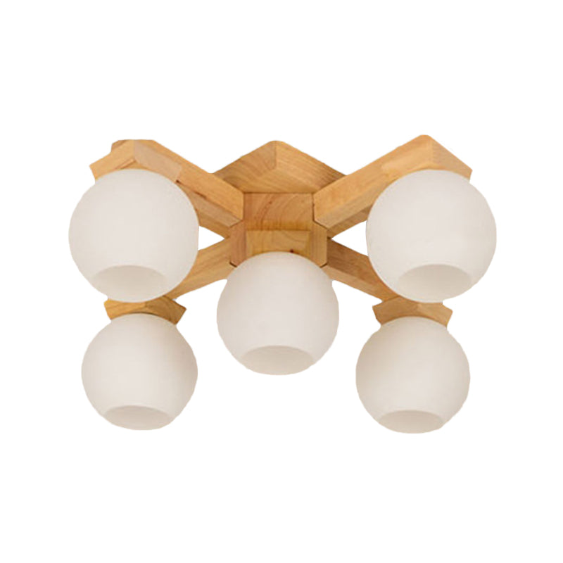 Wood Global Semi Flush Mount Asian 5 Bulbs White Frosted Glass Flush Ceiling Light Fixture Clearhalo 'Ceiling Lights' 'Close To Ceiling Lights' 'Close to ceiling' 'Semi-flushmount' Lighting' 731159