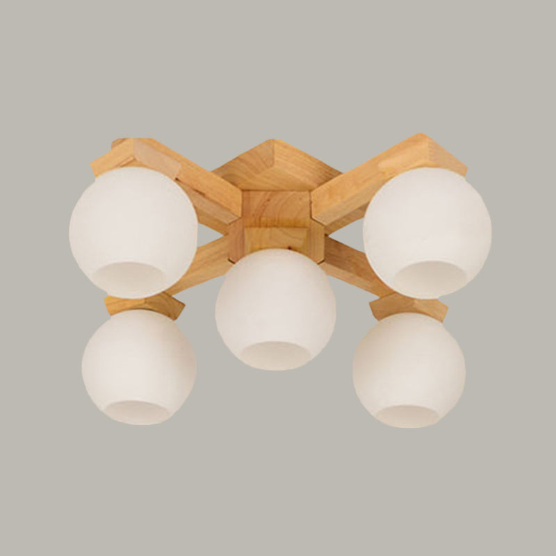 Wood Global Semi Flush Mount Asian 5 Bulbs White Frosted Glass Flush Ceiling Light Fixture Clearhalo 'Ceiling Lights' 'Close To Ceiling Lights' 'Close to ceiling' 'Semi-flushmount' Lighting' 731160