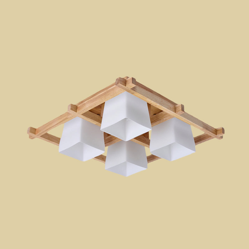 White Glass Trapezoid Flush Light Japanese 4/6-Bulb Ceiling Mounted Fixture with Wood Grid Frame Clearhalo 'Ceiling Lights' 'Close To Ceiling Lights' 'Close to ceiling' 'Flush mount' Lighting' 731175