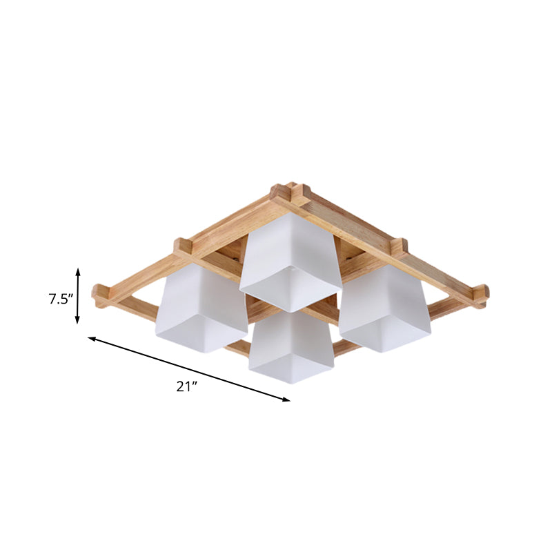 White Glass Trapezoid Flush Light Japanese 4/6-Bulb Ceiling Mounted Fixture with Wood Grid Frame Clearhalo 'Ceiling Lights' 'Close To Ceiling Lights' 'Close to ceiling' 'Flush mount' Lighting' 731176