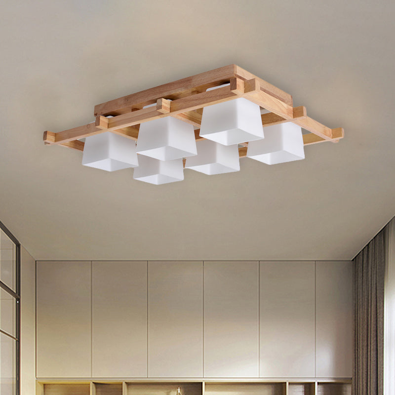 White Glass Trapezoid Flush Light Japanese 4/6-Bulb Ceiling Mounted Fixture with Wood Grid Frame 6 White Clearhalo 'Ceiling Lights' 'Close To Ceiling Lights' 'Close to ceiling' 'Flush mount' Lighting' 731177
