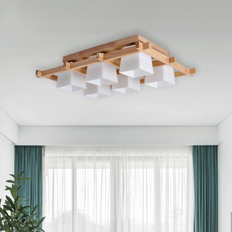 White Glass Trapezoid Flush Light Japanese 4/6-Bulb Ceiling Mounted Fixture with Wood Grid Frame Clearhalo 'Ceiling Lights' 'Close To Ceiling Lights' 'Close to ceiling' 'Flush mount' Lighting' 731178