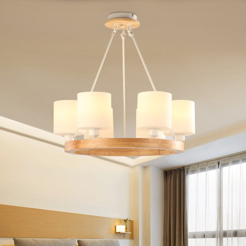 White Glass Cylinder Chandelier Light Modern 4/6/8-Light Wood Hanging Pendant Lamp with Ring Design 6 White Clearhalo 'Ceiling Lights' 'Chandeliers' 'Glass shade' 'Glass' 'Modern Chandeliers' 'Modern' Lighting' 731247