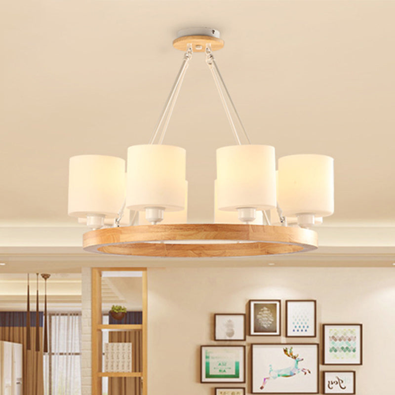 White Glass Cylinder Chandelier Light Modern 4/6/8-Light Wood Hanging Pendant Lamp with Ring Design 8 White Clearhalo 'Ceiling Lights' 'Chandeliers' 'Glass shade' 'Glass' 'Modern Chandeliers' 'Modern' Lighting' 731252