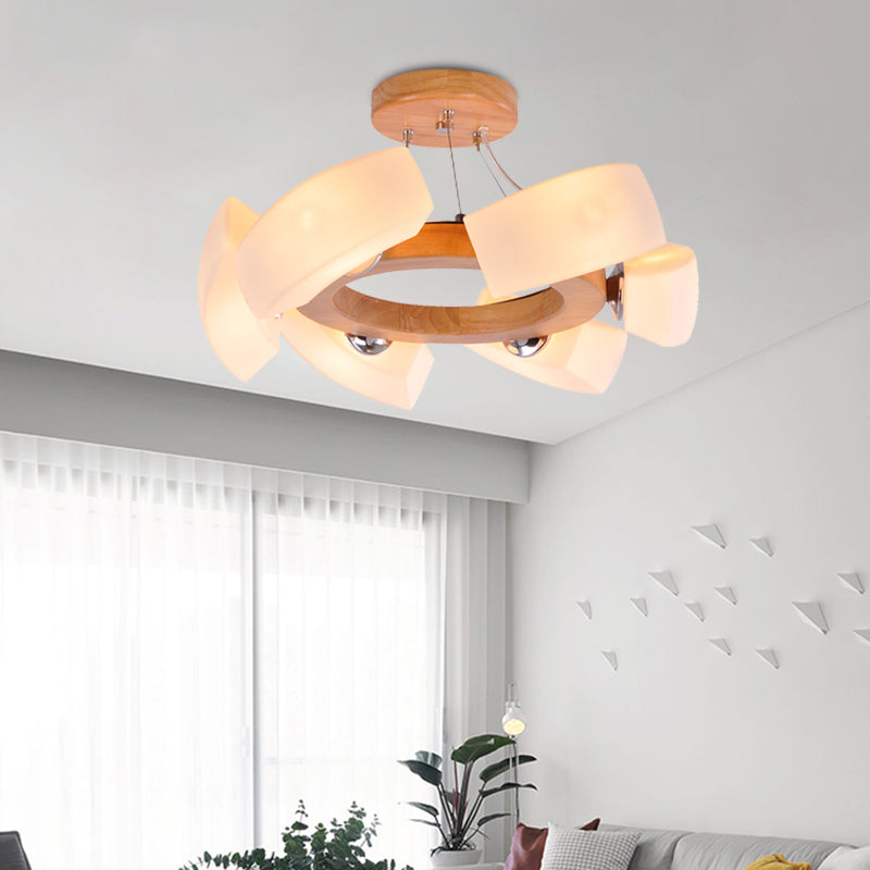 Wood Curved Chandelier Pendant Light Japanese 6 Lights White Glass Ring Hanging Ceiling Lamp Clearhalo 'Ceiling Lights' 'Chandeliers' 'Modern Chandeliers' 'Modern' Lighting' 731266