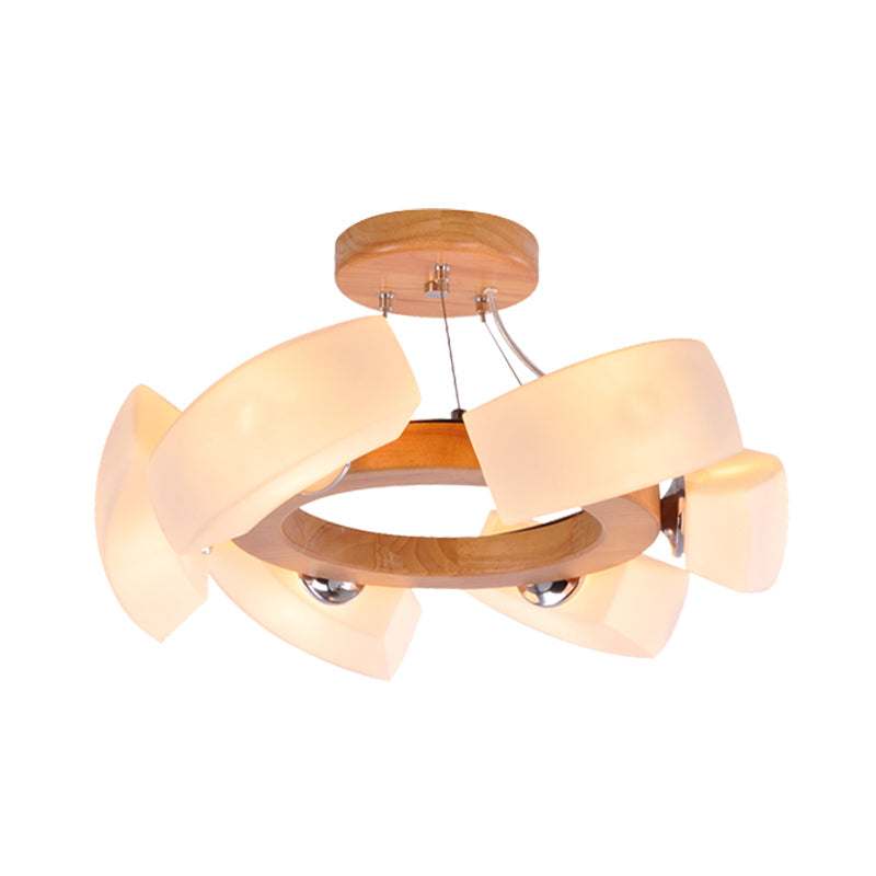 Wood Curved Chandelier Pendant Light Japanese 6 Lights White Glass Ring Hanging Ceiling Lamp Clearhalo 'Ceiling Lights' 'Chandeliers' 'Modern Chandeliers' 'Modern' Lighting' 731267