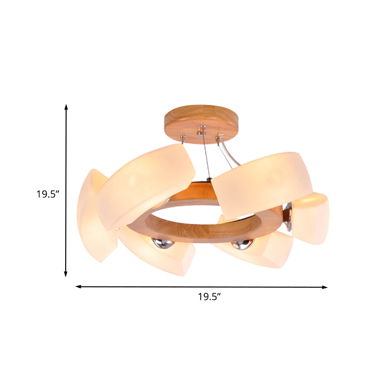 Wood Curved Chandelier Pendant Light Japanese 6 Lights White Glass Ring Hanging Ceiling Lamp Clearhalo 'Ceiling Lights' 'Chandeliers' 'Modern Chandeliers' 'Modern' Lighting' 731269