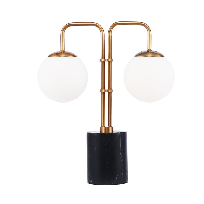 Gold Globe Table Lighting Modernist 2 Bulbs White Glass Night Lamp with Cylinder Black Marble Base Clearhalo 'Lamps' 'Table Lamps' Lighting' 731419