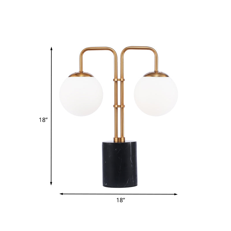 Gold Globe Table Lighting Modernist 2 Bulbs White Glass Night Lamp with Cylinder Black Marble Base Clearhalo 'Lamps' 'Table Lamps' Lighting' 731420