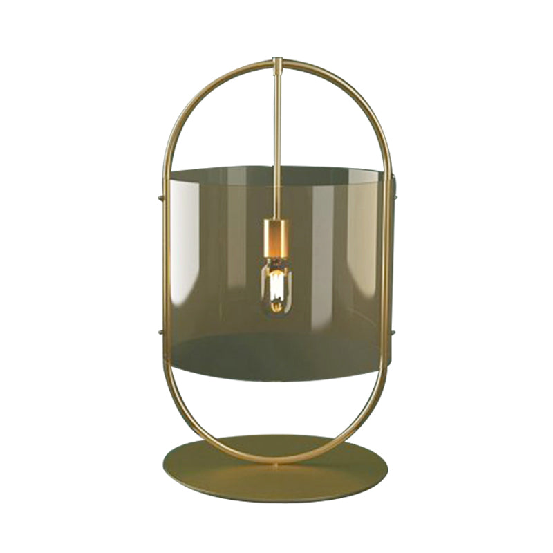 Gold Cylinder Desk Lighting Minimalism 1-Head Tan Glass Night Table Lamp with Oval Ring Clearhalo 'Lamps' 'Table Lamps' Lighting' 731449