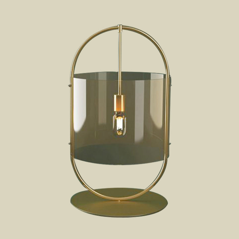 Gold Cylinder Desk Lighting Minimalism 1-Head Tan Glass Night Table Lamp with Oval Ring Clearhalo 'Lamps' 'Table Lamps' Lighting' 731450