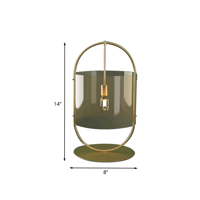 Gold Cylinder Desk Lighting Minimalism 1-Head Tan Glass Night Table Lamp with Oval Ring Clearhalo 'Lamps' 'Table Lamps' Lighting' 731451