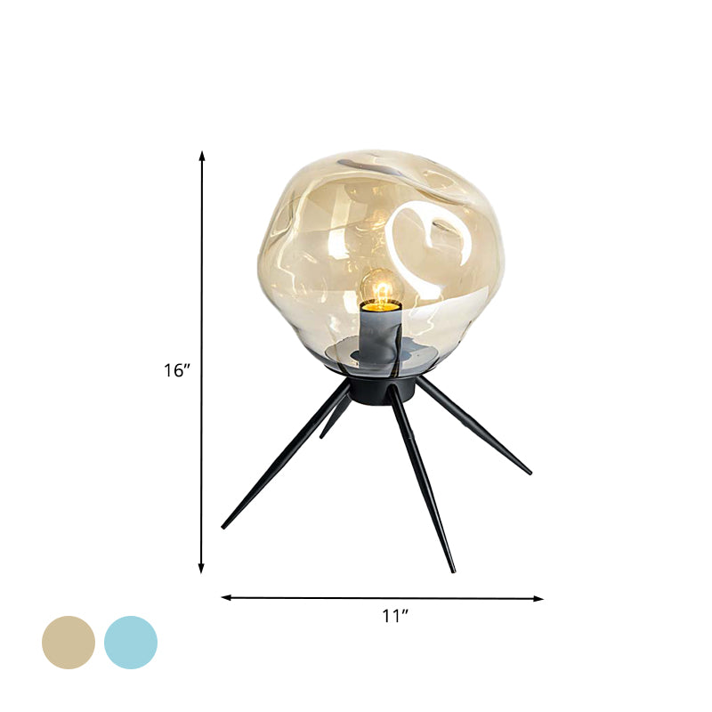 Modernist 1 Bulb Tripod Desk Light Black Dimpled Night Lamp with Blue/Cognac Glass Shade Clearhalo 'Lamps' 'Table Lamps' Lighting' 731464