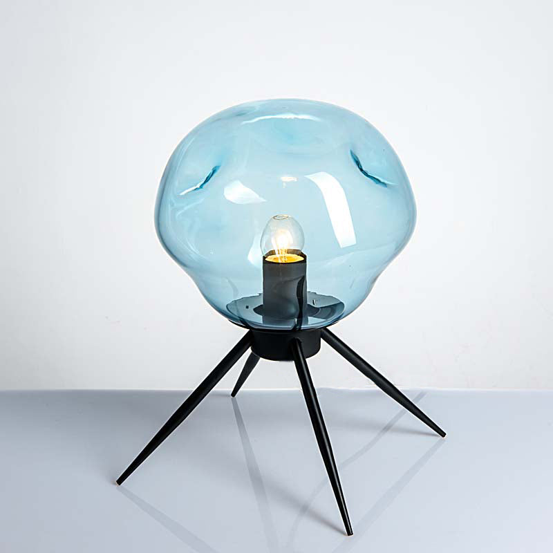 Modernist 1 Bulb Tripod Desk Light Black Dimpled Night Lamp with Blue/Cognac Glass Shade Blue Clearhalo 'Lamps' 'Table Lamps' Lighting' 731465