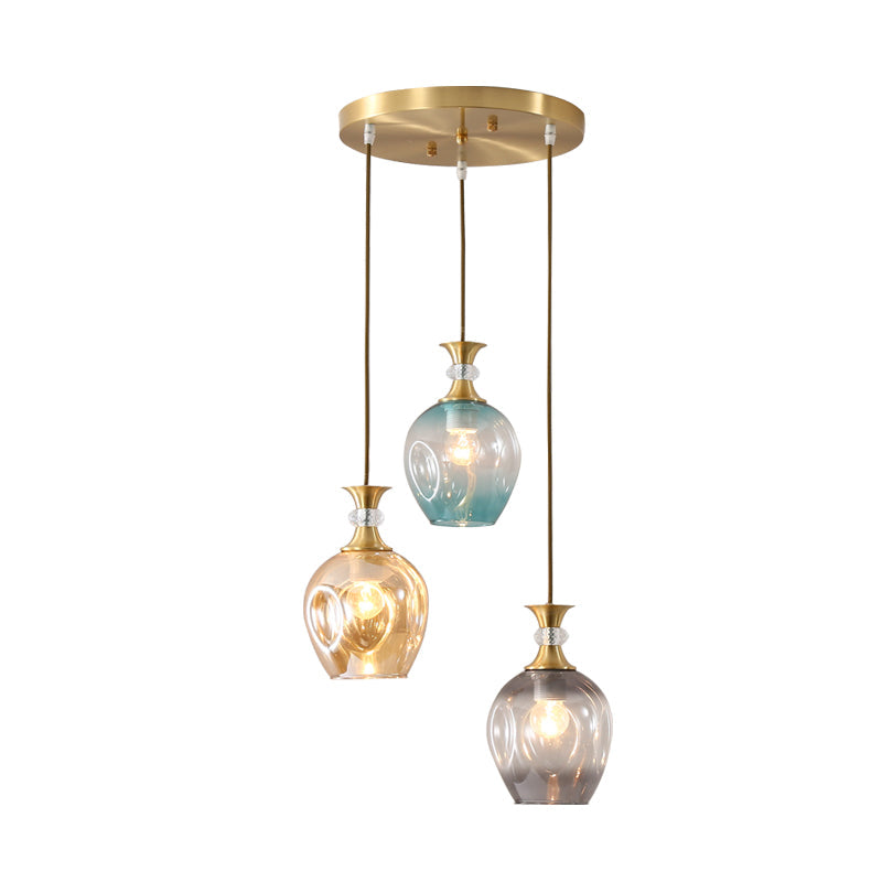 Gold Tulips Cluster Pendant Light Modernist 3 Heads Tan-Blue-Grey Dimpled Glass Ceiling Lamp Clearhalo 'Ceiling Lights' 'Glass shade' 'Glass' 'Modern Pendants' 'Modern' 'Pendant Lights' 'Pendants' Lighting' 731478