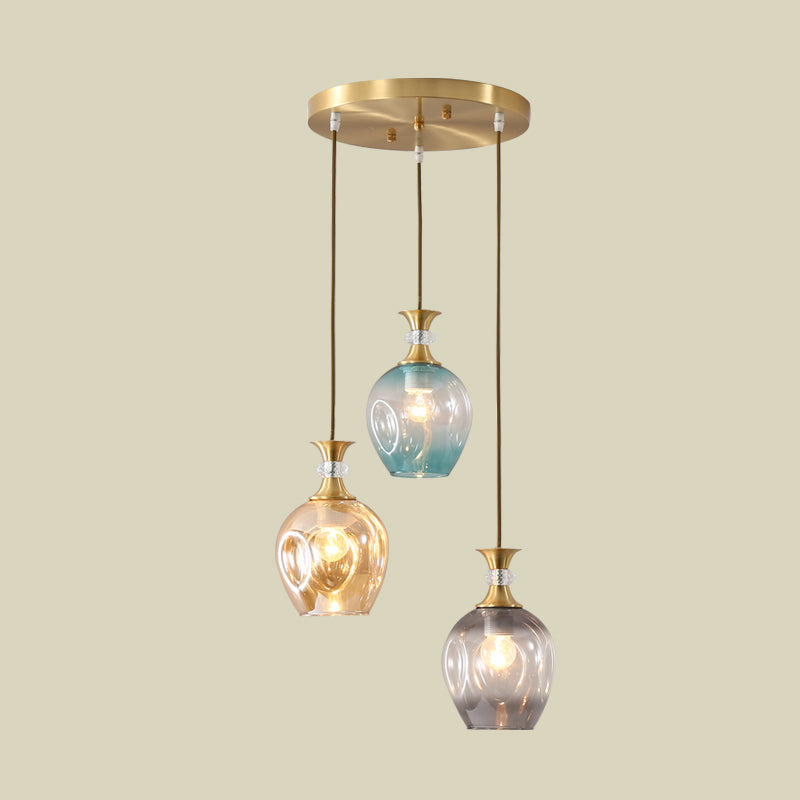 Gold Tulips Cluster Pendant Light Modernist 3 Heads Tan-Blue-Grey Dimpled Glass Ceiling Lamp Clearhalo 'Ceiling Lights' 'Glass shade' 'Glass' 'Modern Pendants' 'Modern' 'Pendant Lights' 'Pendants' Lighting' 731479