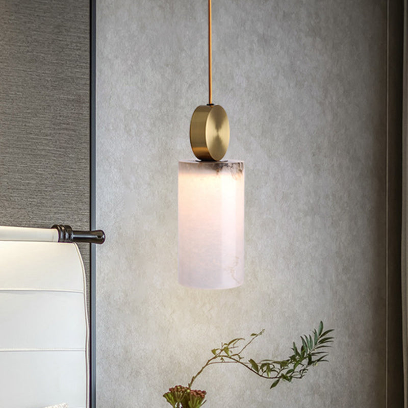 Square/Cylinder Pendant Post Modern Marble 1 Head Bedside Hanging Lamp Kit in White with Gold Round Top Gold Cylinder Clearhalo 'Ceiling Lights' 'Modern Pendants' 'Modern' 'Pendant Lights' 'Pendants' Lighting' 731509