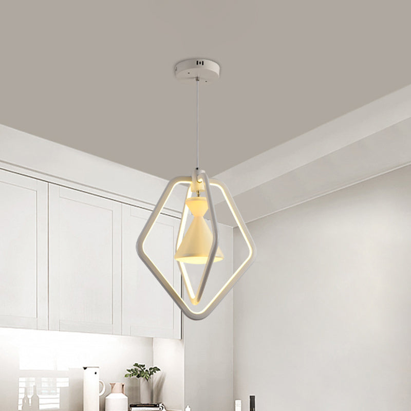 White Pentagon Frame and Hourglass Pendant Modernist LED Acrylic Hanging Ceiling Lamp for Dining Room Clearhalo 'Ceiling Lights' 'Chandeliers' 'Modern Chandeliers' 'Modern' Lighting' 731704