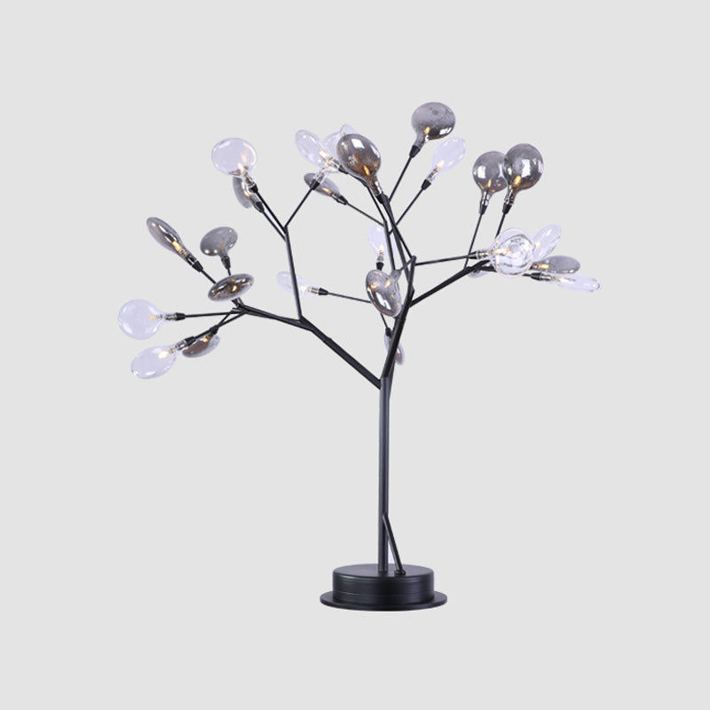 Metallic Branch Desk Light Contemporary 27-Light Black LED Table Lamp with Leaf Smoke Gray Glass Shade Clearhalo 'Lamps' 'Table Lamps' Lighting' 731810