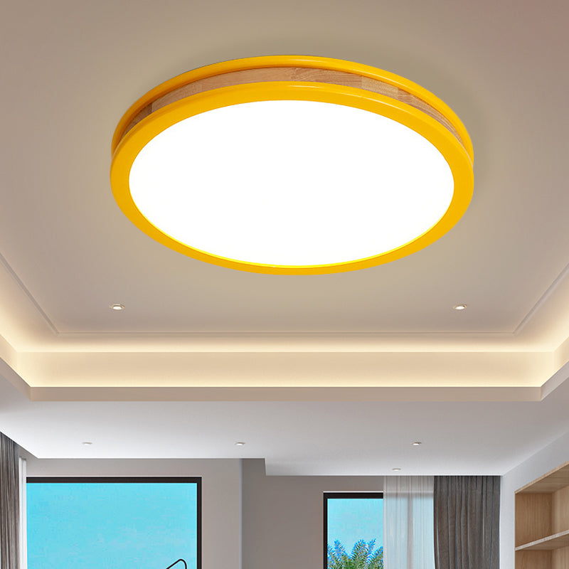 Yellow Round Flushmount Macaroon LED Wood Ceiling Flush Mount for Bedroom, 12