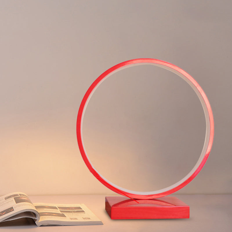 Circle Ring Table Light Aluminum Simple Plug In LED Nightstand Lamp in Red/Pink, White/Warm Light Red Clearhalo 'Lamps' 'Table Lamps' Lighting' 732431