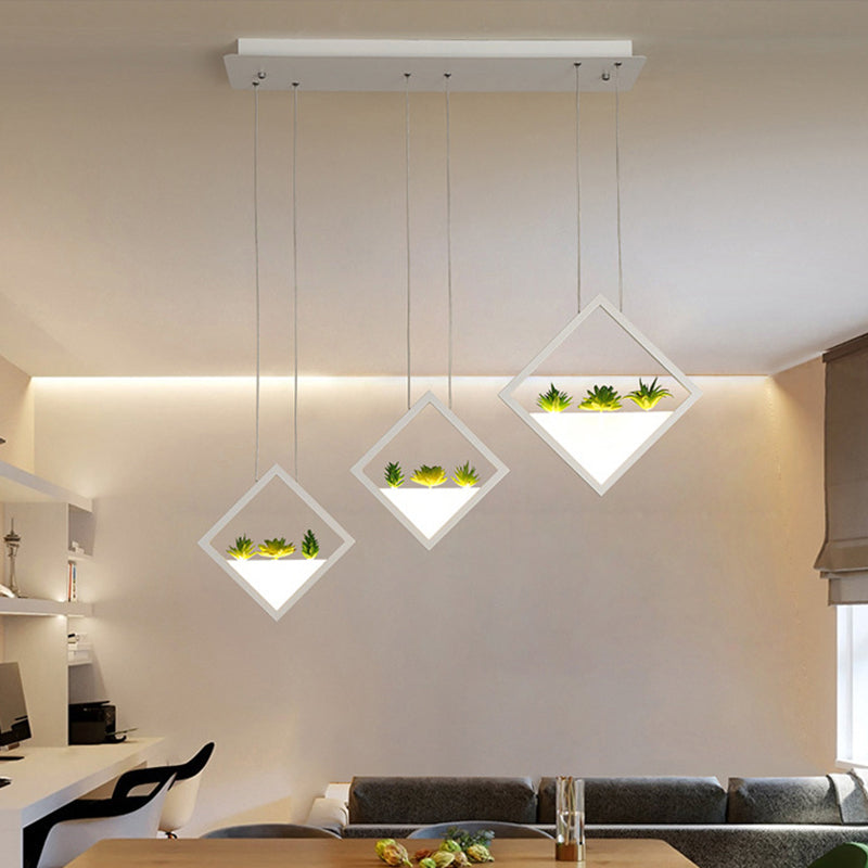 White 3-Rhombus Suspension Light Modernism LED Acrylic Cluster Pendant Lamp with Plant Deco in Warm/White Light White Clearhalo 'Ceiling Lights' 'Modern Pendants' 'Modern' 'Pendant Lights' 'Pendants' Lighting' 732473