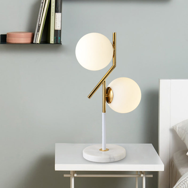 Opal Glass Globe Table Lamp Contemporary 2 Lights Nightstand Light in White with Marble Base Clearhalo 'Lamps' 'Table Lamps' Lighting' 733389